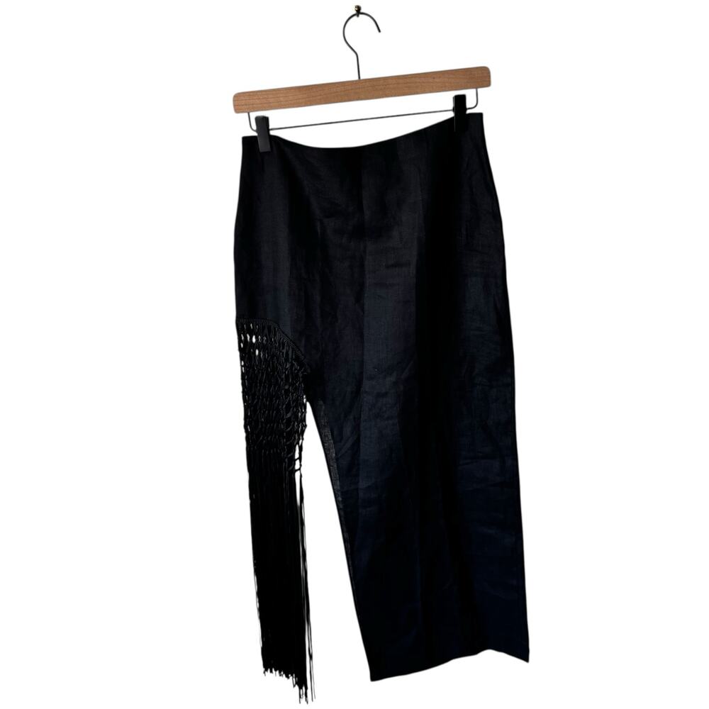 ZARA High Rise Linen Macrame Fringe Midi Skirt Black Size Small 3154/908 NWT
